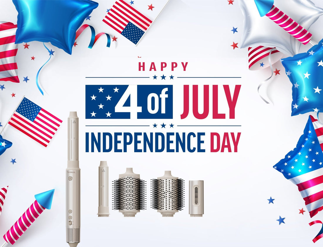 TASREAL 5-in-1 Multi-Stylers Tool with 5 attachments – Styling Concentrator, 180° Paddle Brush, 360° Oval Brush, 32mm Left Curler, 32mm Right Curler on July 4th themed background – Independence Day sale with 200M negative ions and no heat damage
